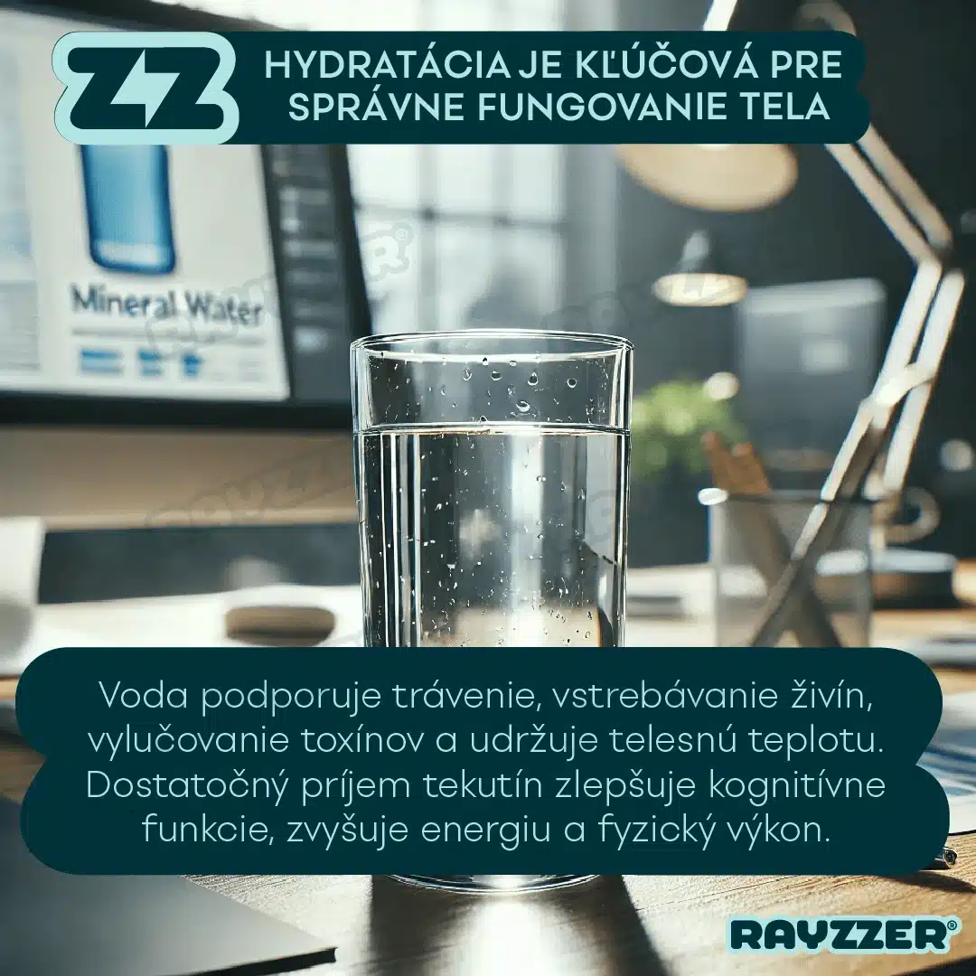 Hydratácia je kľúčová pre správne fungovanie tela a celkové zdravie. Voda je nevyhnutná pre udržanie normálnej telesnej teploty, podporuje trávenie, pomáha pri vstrebávaní živín a vylučovaní toxínov. Dostatočný príjem tekutín zlepšuje kognitívne funkcie, zvyšuje energiu a podporuje fyzický výkon. Dehydratácia môže viesť k únave, zhoršeniu koncentrácie a zdravotným problémom. Preto je dôležité pravidelne piť vodu, aj keď necítime smäd, a zabezpečiť si správnu hydratáciu počas celého dňa, najmä pri zvýšenej fyzickej aktivite alebo v horúcich dňoch.