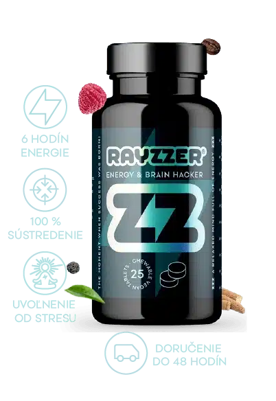 RAYZZER® je prírodná cmúľacia tableta, ktorá ti pomôže lepšie sa sústrediť, dodá ti energiu až na 6 hodín a uvoľní ťa od stresu – to všetko bez búšenia srdca, nepríjemných pocitov a nervozity. Obsahuje len tie najúčinnejšie prírodné látky, ktoré prospievajú tvojej mysli aj telu.